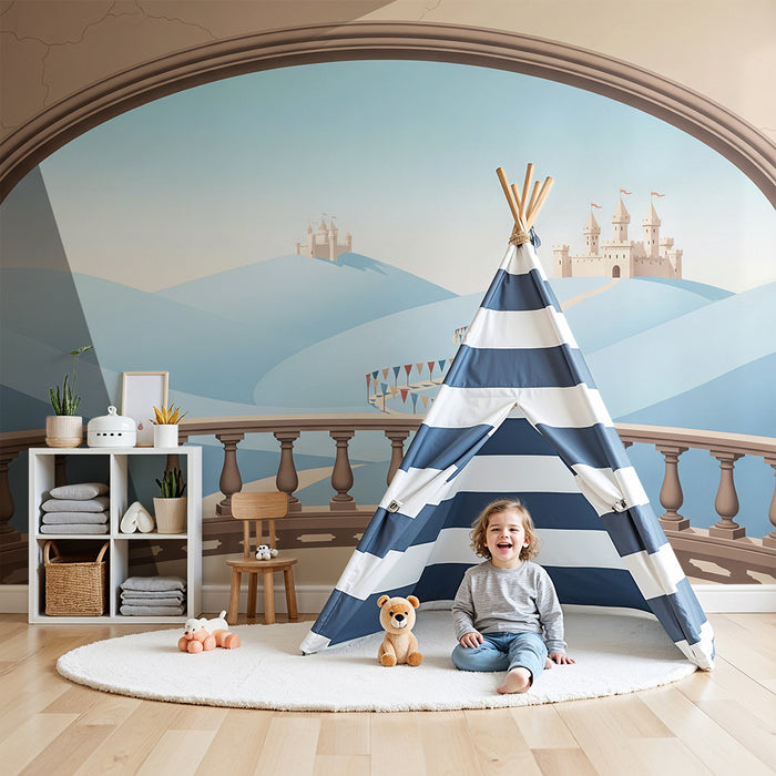 Papier peint chambre enfant | Vue féerique sur châteaux et collines