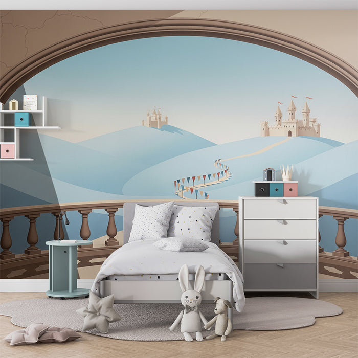Papier peint chambre enfant | Vue féerique sur châteaux et collines