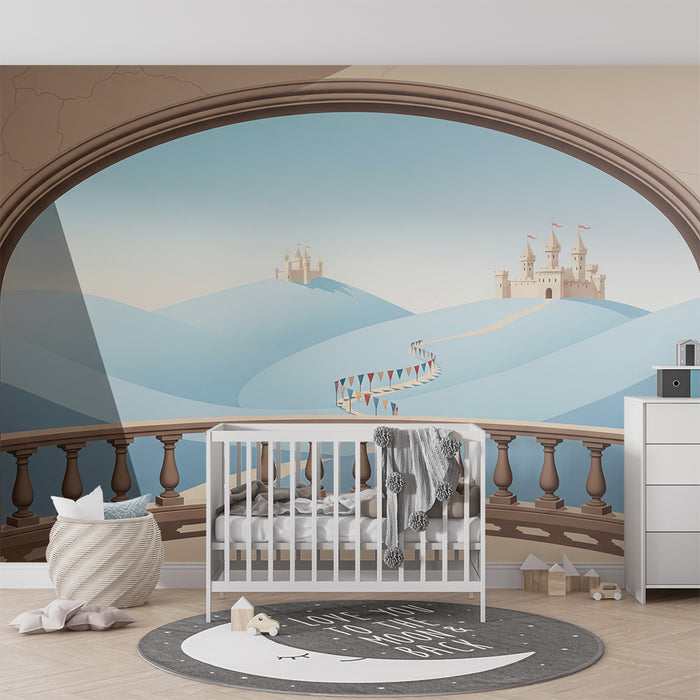 Papier peint chambre enfant | Vue féerique sur châteaux et collines