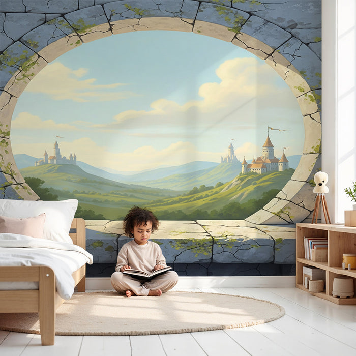 Tapete Kinderzimmer | Märchenhafter Blick auf mittelalterliche Burgen in grüner Landschaft