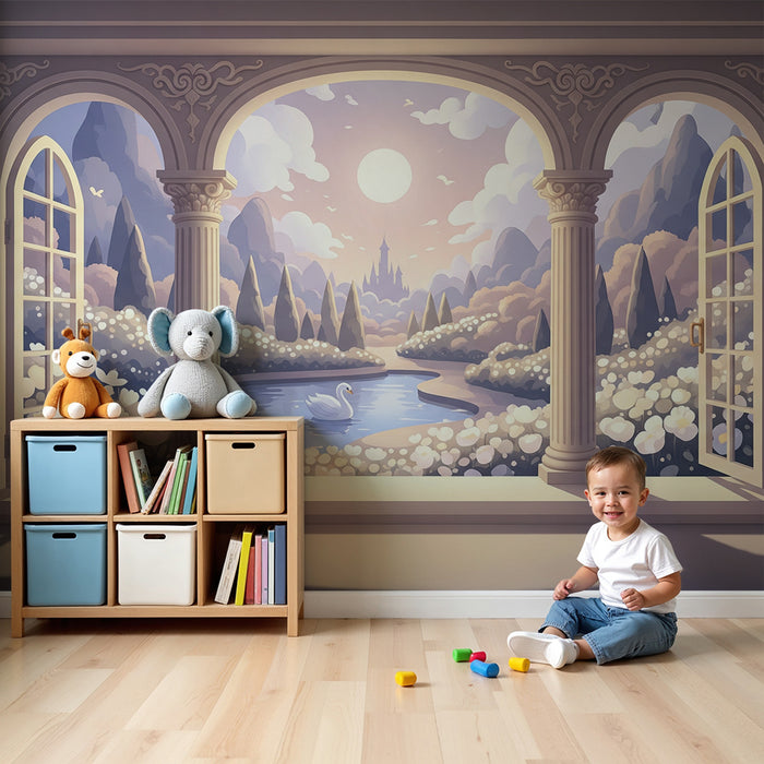 Kinderzimmer-Tapete | Märchenhafter Blick auf einen See mit Schwan und bezaubernden Landschaften
