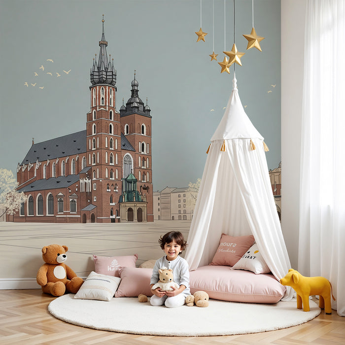 Papel de parede para quarto infantil | Vista ilustrada da praça do mercado com igreja e edifícios históricos