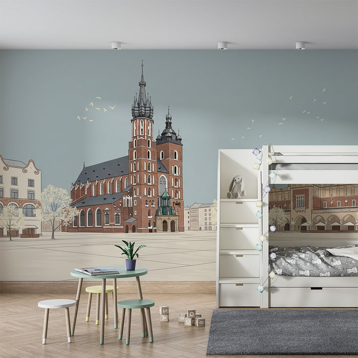 Papel de parede para quarto infantil | Vista ilustrada da praça do mercado com igreja e edifícios históricos