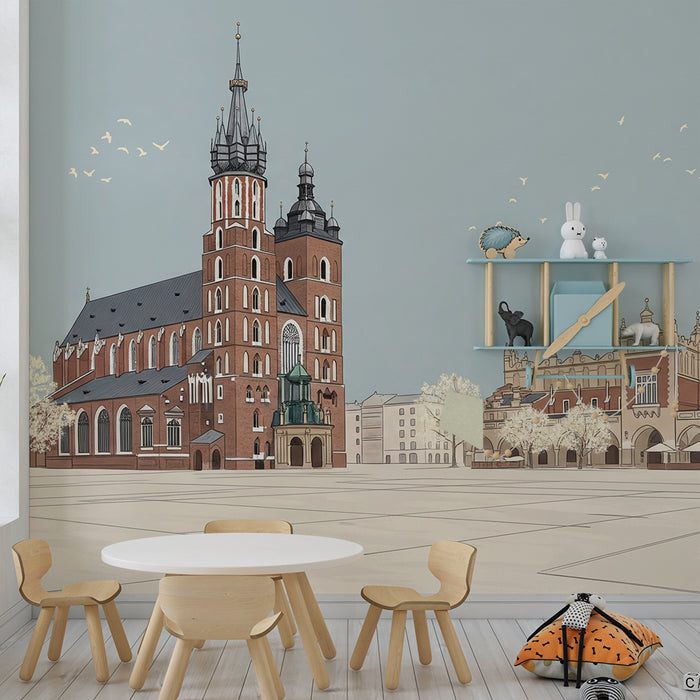 Papel de parede para quarto infantil | Vista ilustrada da praça do mercado com igreja e edifícios históricos
