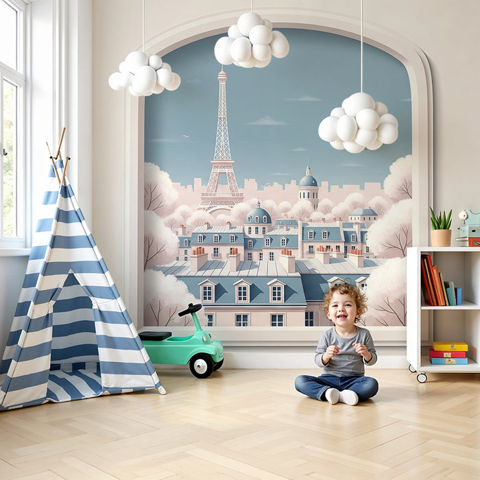 Tapet pentru camera copiilor | Vedere ilustrată a Parisului cu Turnul Eiffel și case pastelate
