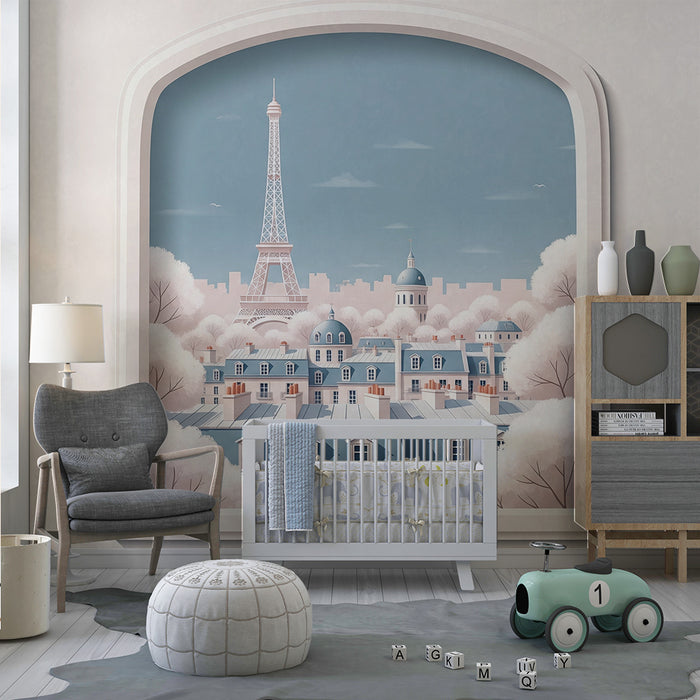 Tapet pentru camera copiilor | Vedere ilustrată a Parisului cu Turnul Eiffel și case pastelate
