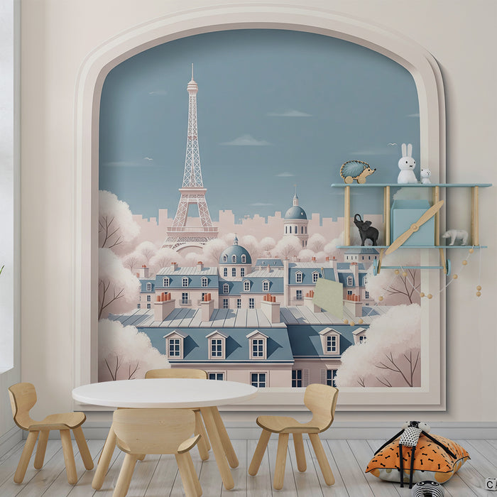 Tapet pentru camera copiilor | Vedere ilustrată a Parisului cu Turnul Eiffel și case pastelate