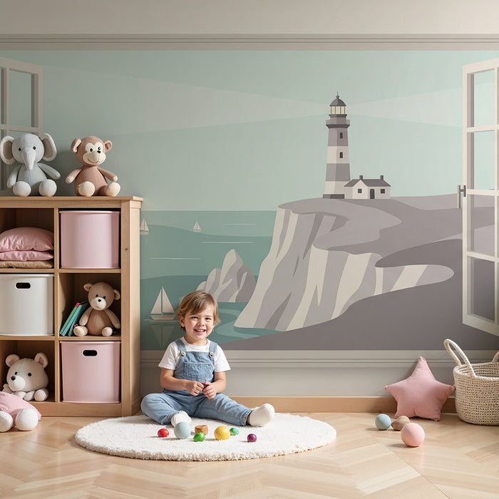 Papier peint chambre enfant | Vue maritime avec phare et voiliers