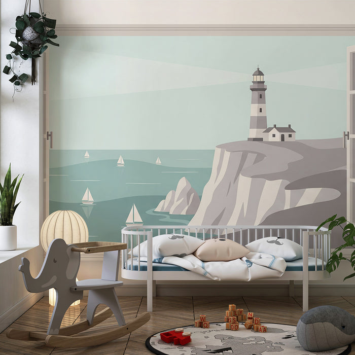 Papier peint chambre enfant | Vue maritime avec phare et voiliers