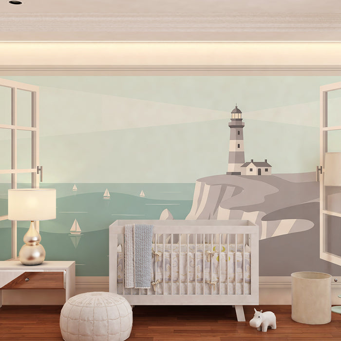 Papier peint chambre enfant | Vue maritime avec phare et voiliers
