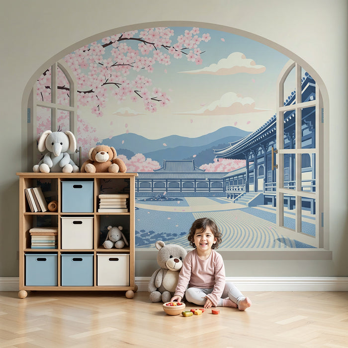 Behang kinderkamer | Rustig uitzicht op een bloeiende kersenboomgaard