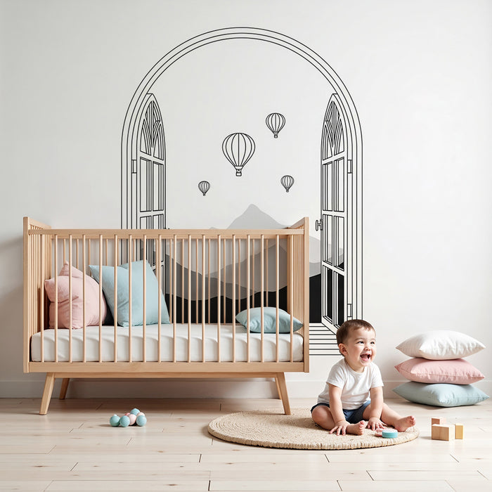 Kids room wallpaper | Panoramic view with hot air balloons and mountains in black and white