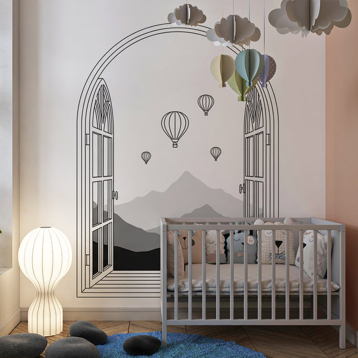 Kids room wallpaper | Panoramic view with hot air balloons and mountains in black and white