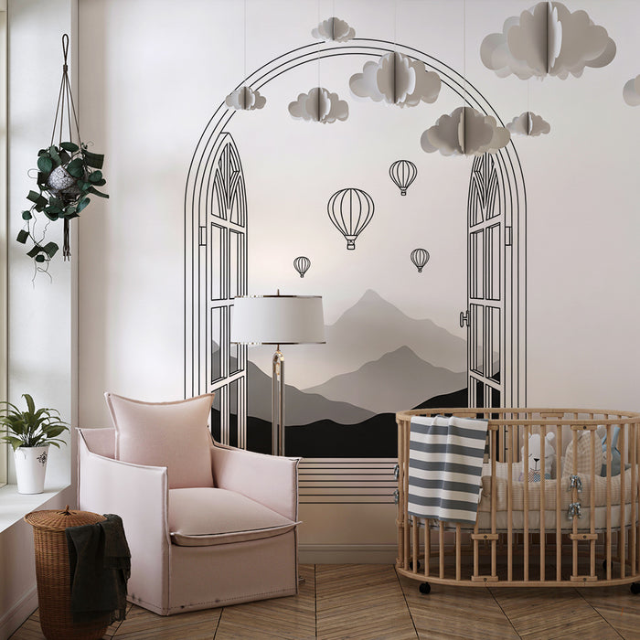 Kids room wallpaper | Panoramic view with hot air balloons and mountains in black and white