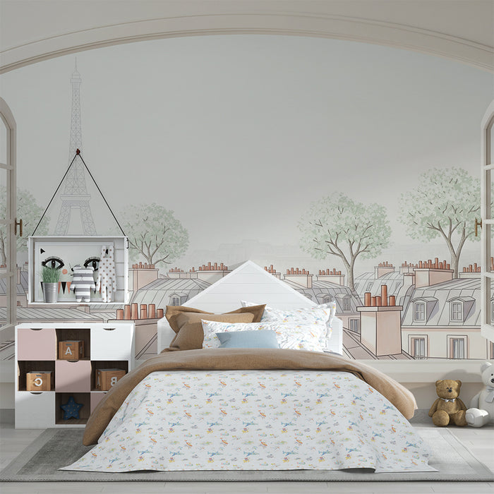 Papier peint chambre enfant | Vue romantique de Paris avec la Tour Eiffel