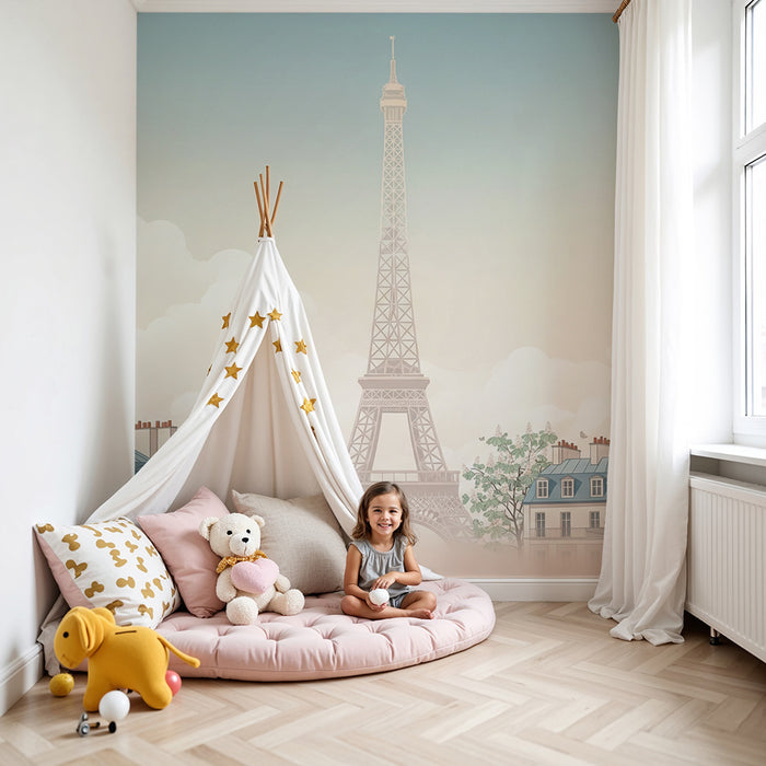 Papel de parede para quarto infantil | Vista romântica de Paris com a Torre Eiffel e casas elegantes