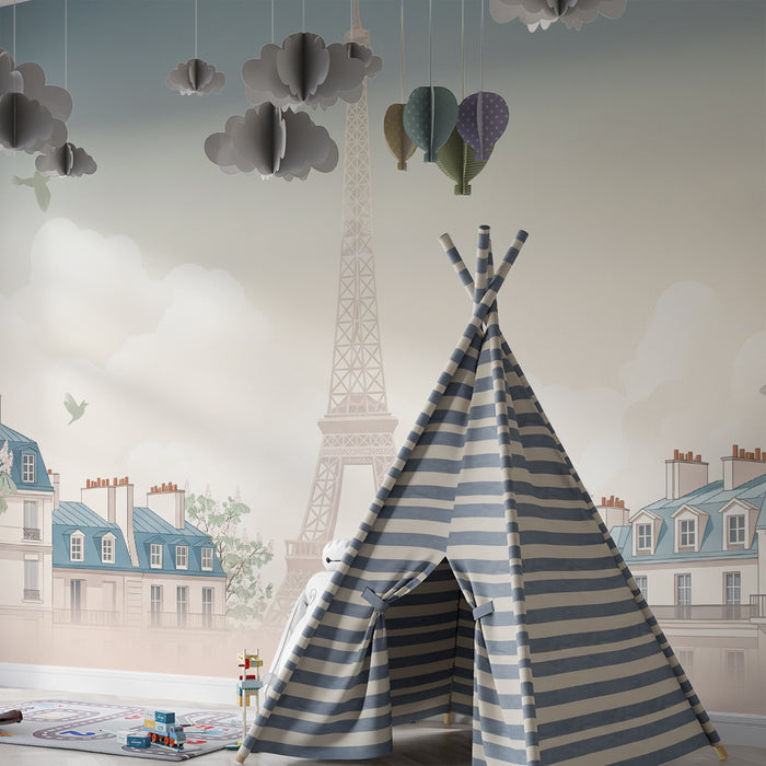 Papel de parede para quarto infantil | Vista romântica de Paris com a Torre Eiffel e casas elegantes