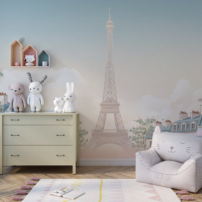 Papel de parede para quarto infantil | Vista romântica de Paris com a Torre Eiffel e casas elegantes