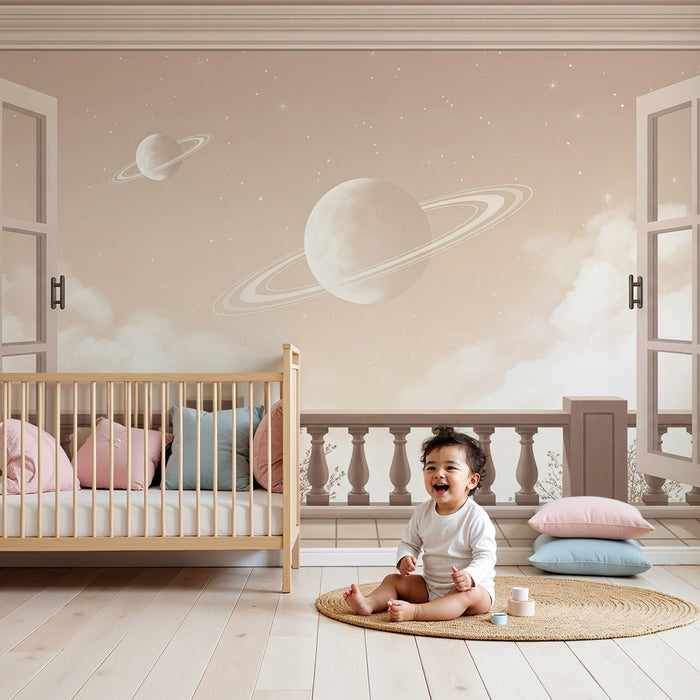 Papier peint chambre enfant | Vue spatiale avec planètes et nuages doux