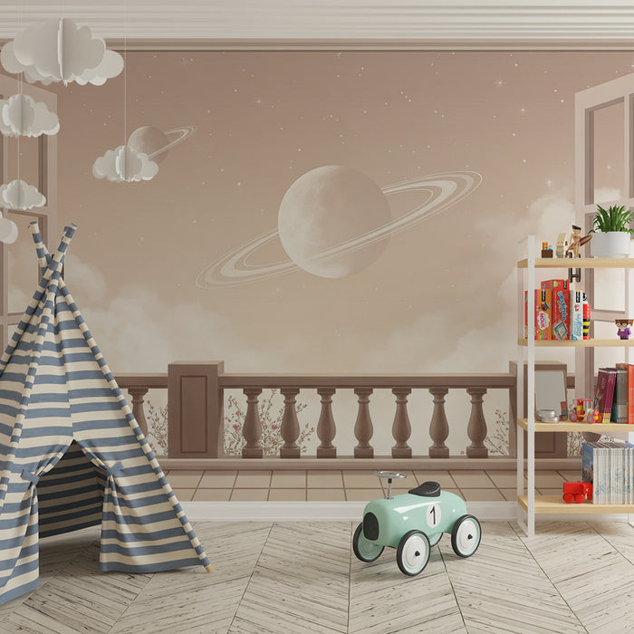 Papier peint chambre enfant | Vue spatiale avec planètes et nuages doux