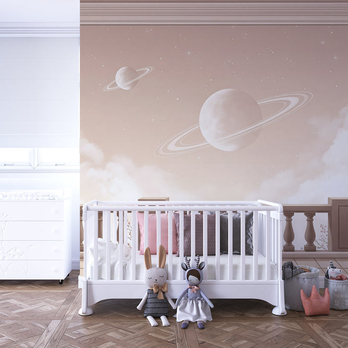 Papier peint chambre enfant | Vue spatiale avec planètes et nuages doux