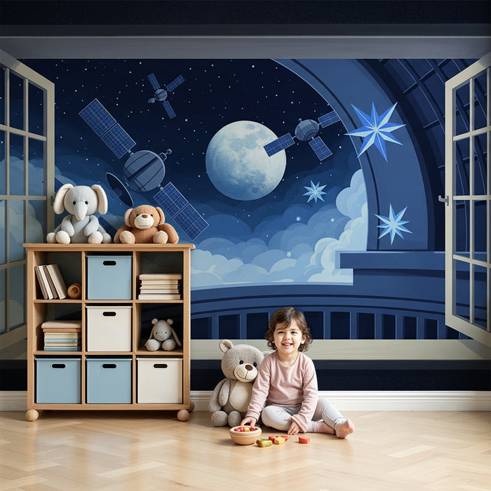 Children's bedroom wallpaper | Space view with satellites and bright moon