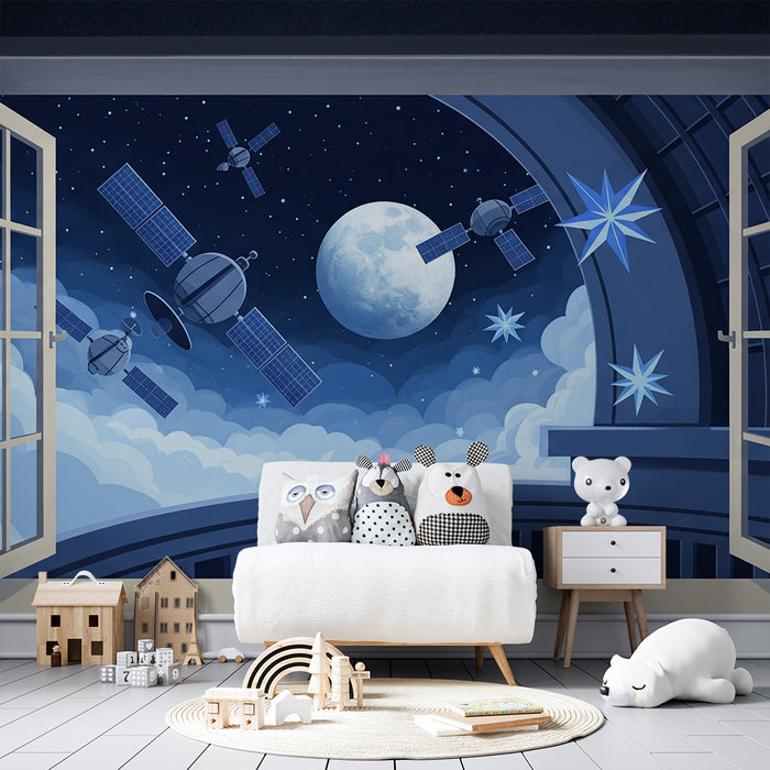 Children's bedroom wallpaper | Space view with satellites and bright moon