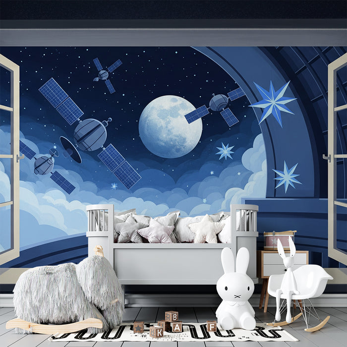 Children's bedroom wallpaper | Space view with satellites and bright moon