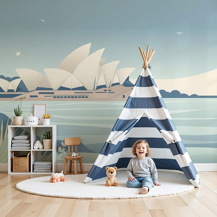 Papier peint chambre enfant | Vue stylisée de l'Opéra de Sydney au bord de l'eau