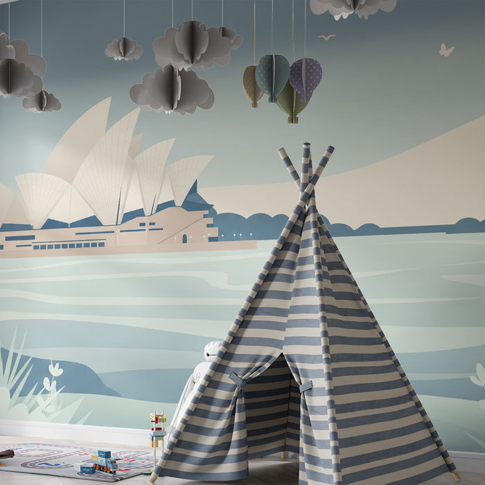 Papier peint chambre enfant | Vue stylisée de l'Opéra de Sydney au bord de l'eau