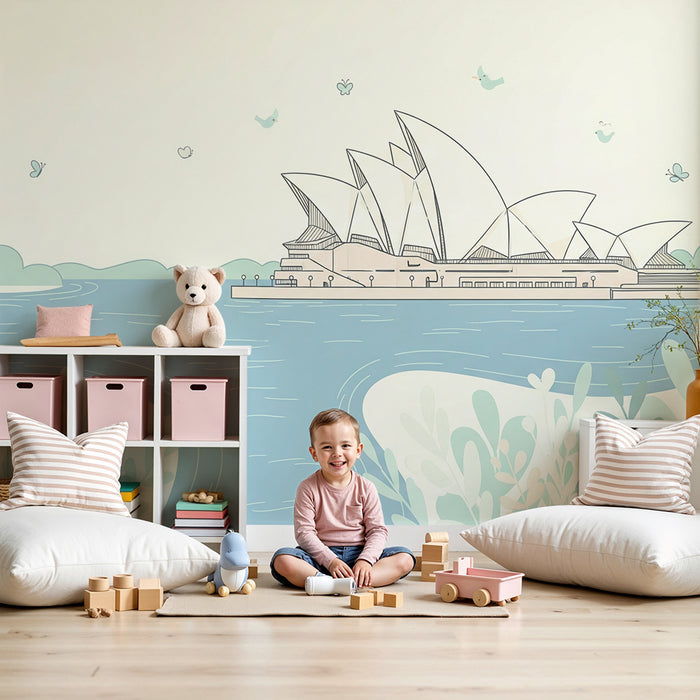 Tapet pentru camera copiilor | Vedere stilizată a Operei din Sydney, înconjurată de verdeață