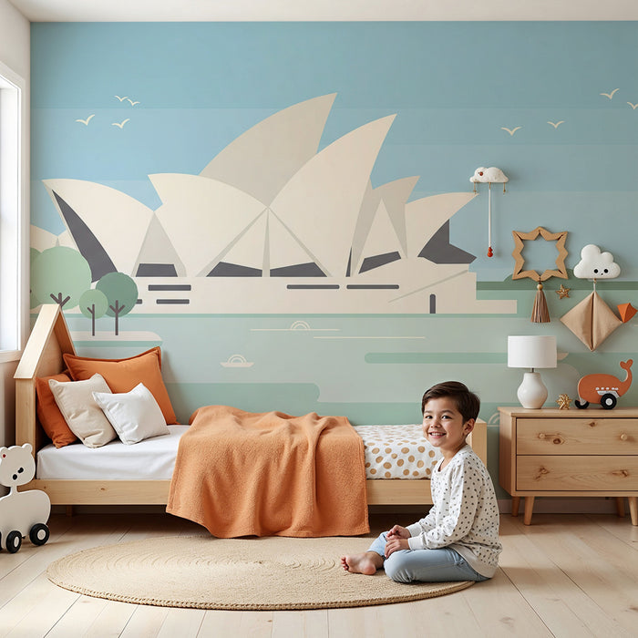 Papel de parede para quarto infantil | Vista estilizada da Ópera de Sydney e da natureza ao redor