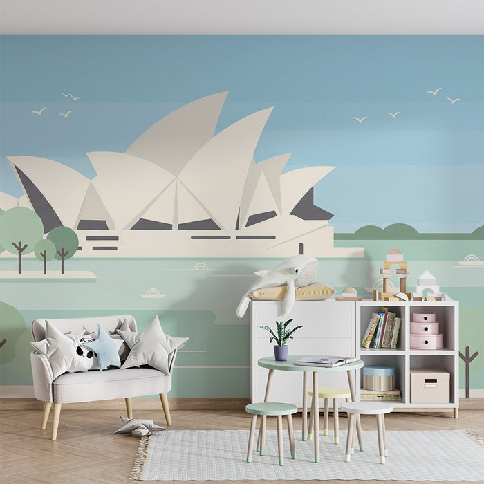 Papel de parede para quarto infantil | Vista estilizada da Ópera de Sydney e da natureza ao redor