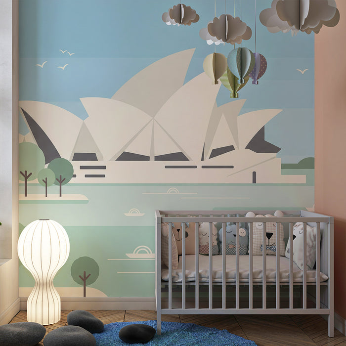 Papel de parede para quarto infantil | Vista estilizada da Ópera de Sydney e da natureza ao redor