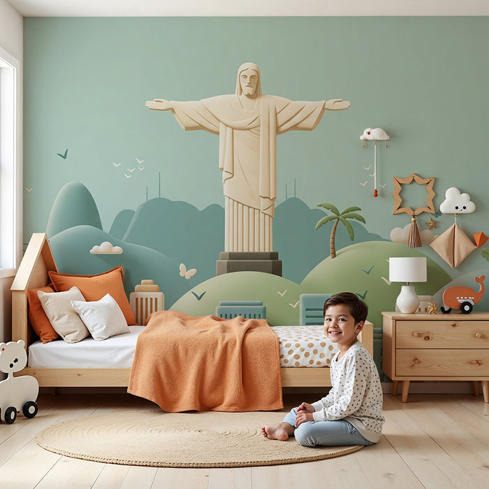 Behang voor kinderkamer | Gestileerd stadszicht met Christus de Verlosser en groene heuvels