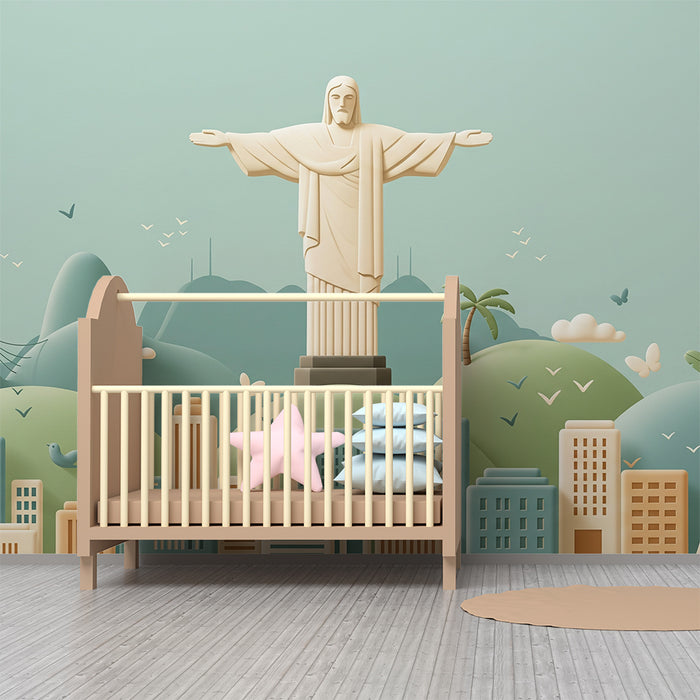 Behang voor kinderkamer | Gestileerd stadszicht met Christus de Verlosser en groene heuvels