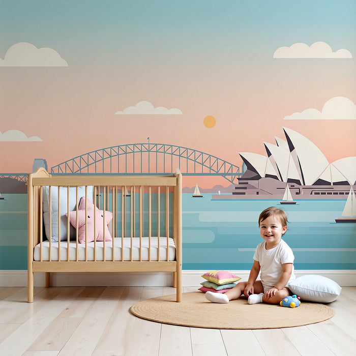Kids room wallpaper | Stylized view of Sydney with sailboats and pastel sky