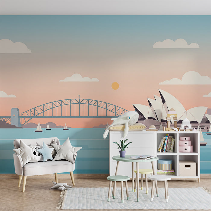 Kids room wallpaper | Stylized view of Sydney with sailboats and pastel sky