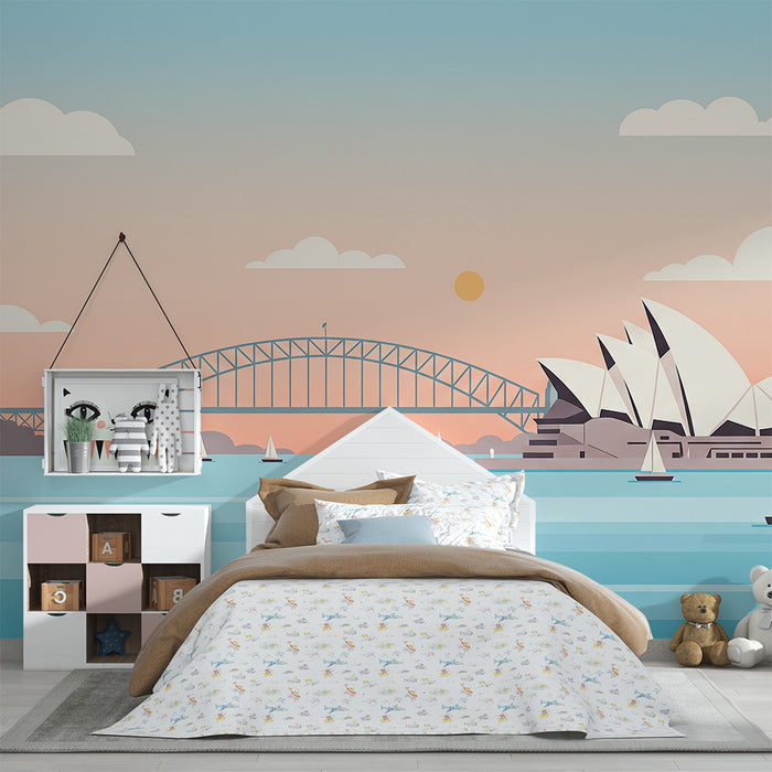 Kids room wallpaper | Stylized view of Sydney with sailboats and pastel sky