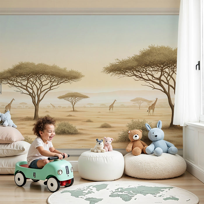 Behang kinderkamer | Uitzicht op de savanne met giraffen en acacia's