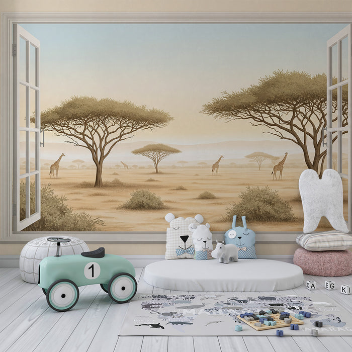 Behang kinderkamer | Uitzicht op de savanne met giraffen en acacia's