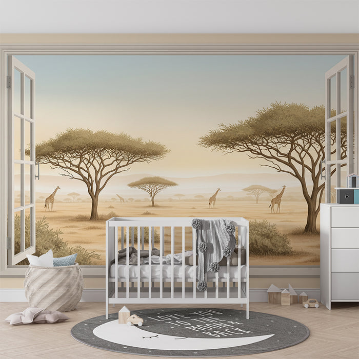 Behang kinderkamer | Uitzicht op de savanne met giraffen en acacia's