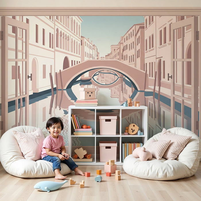 Children's bedroom wallpaper | View of a peaceful canal with open windows