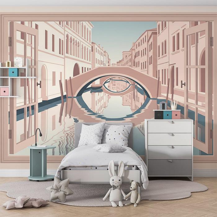 Children's bedroom wallpaper | View of a peaceful canal with open windows