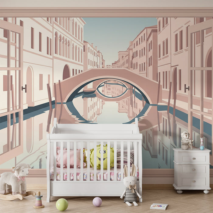 Children's bedroom wallpaper | View of a peaceful canal with open windows