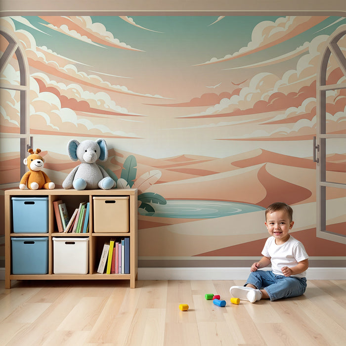 Papel de parede para quarto infantil | Vista de uma paisagem desértica com palmeiras e céu pastel