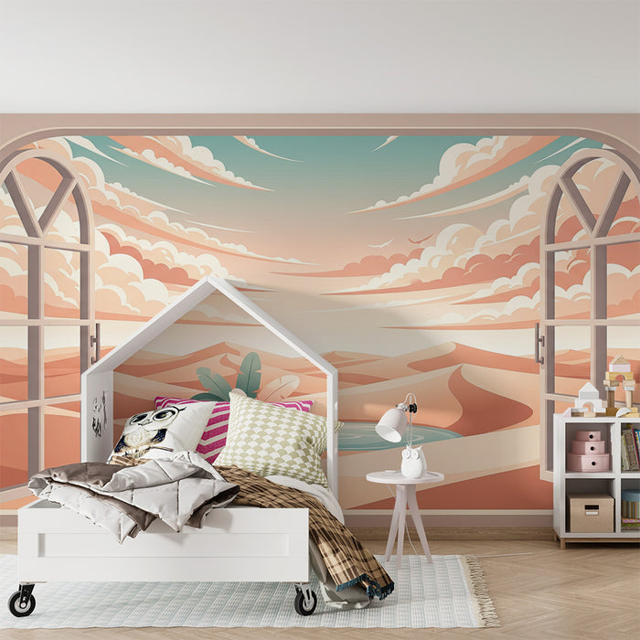 Papel de parede para quarto infantil | Vista de uma paisagem desértica com palmeiras e céu pastel