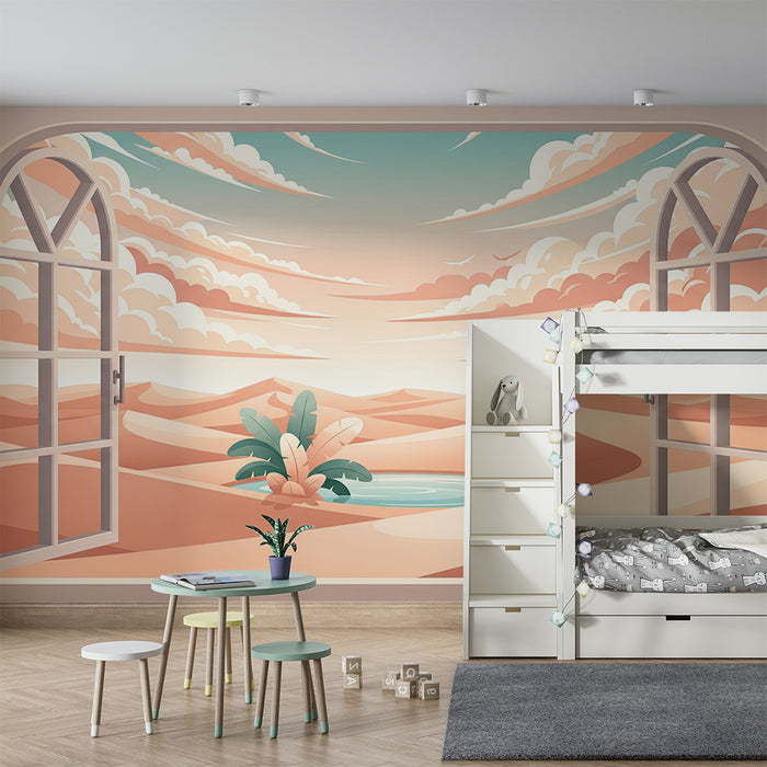 Papel de parede para quarto infantil | Vista de uma paisagem desértica com palmeiras e céu pastel