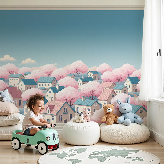 Papel de parede para quarto infantil | Vista de uma aldeia florida com cerejeiras em flor