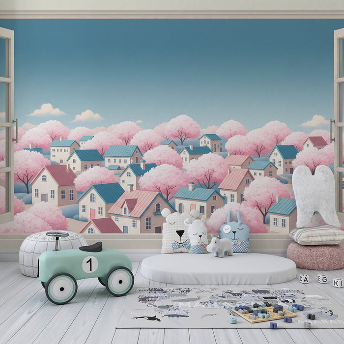 Papel de parede para quarto infantil | Vista de uma aldeia florida com cerejeiras em flor